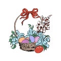 Basket with easter eggs, flowers, lilies of the valley Royalty Free Stock Photo